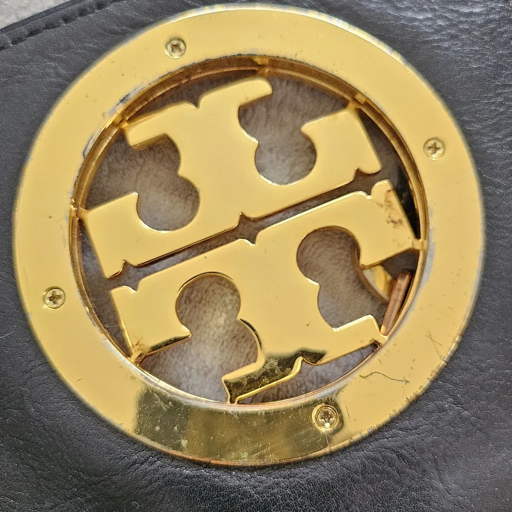Tory Burch Black Leather Shoulder Bag with Gold Logo and Chain